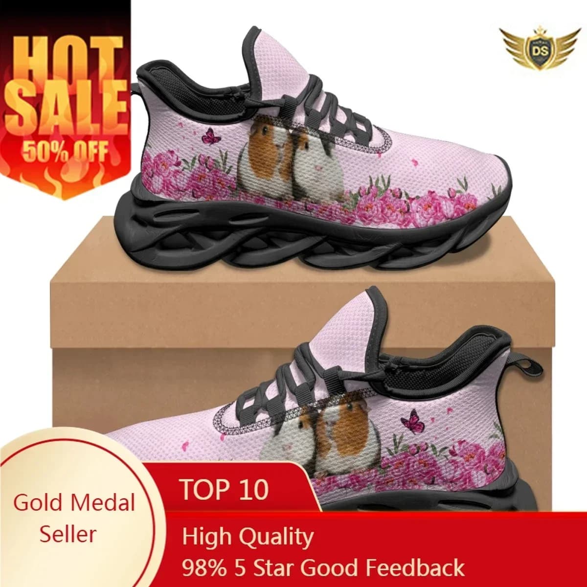 Guinea Pig Flower Cute Design Breathable Lace-up Sneakers Comfortable Lightweight Non-slip Flat Shoes Fall Winter Shoe For Women
