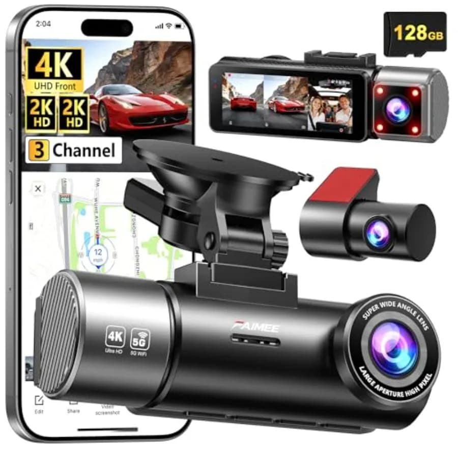 Dash Cam a 3 Canali 4K+2K+2K con Registrazione Anteriore e Posteriore per Veicoli, Include Scheda di Memoria da 128GB, Supporta WiFi Dual 5.8G/2.4G