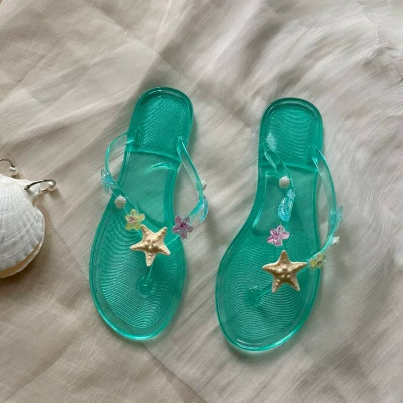 Dopamine Fresh Sea Star Pearl Decorative Sandals Pvc Waterproof Transparent Flat Toe Slippers Travel Holiday Non Slip Beach Shoe