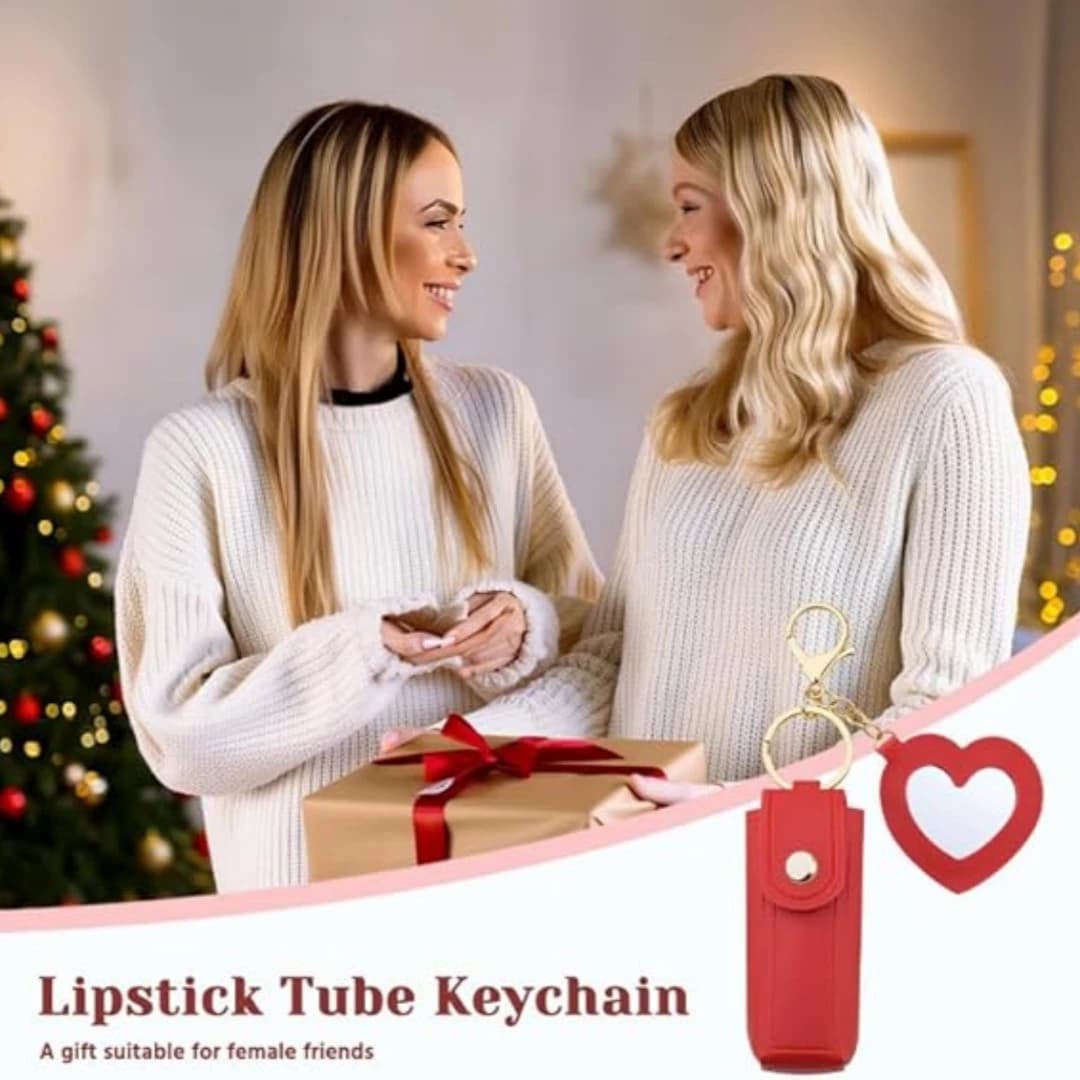 Portachiavi in Pelle per Rossetto con Specchietto a Cuore, Custodia Portatile per Balsamo Labbra, Mini Contenitore da Viaggio per Trucchi da Donna