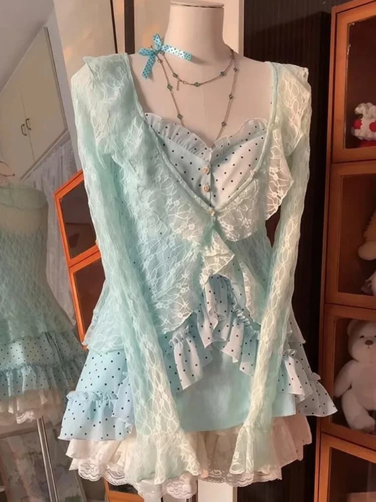 Set Giapponese Vintage in Pizzo a 3 Pezzi: Gilet a Pois + Cardigan in Pizzo Trasparente + Gonna Soffice, Nuovo Completo Chic Harajuku per Primavera