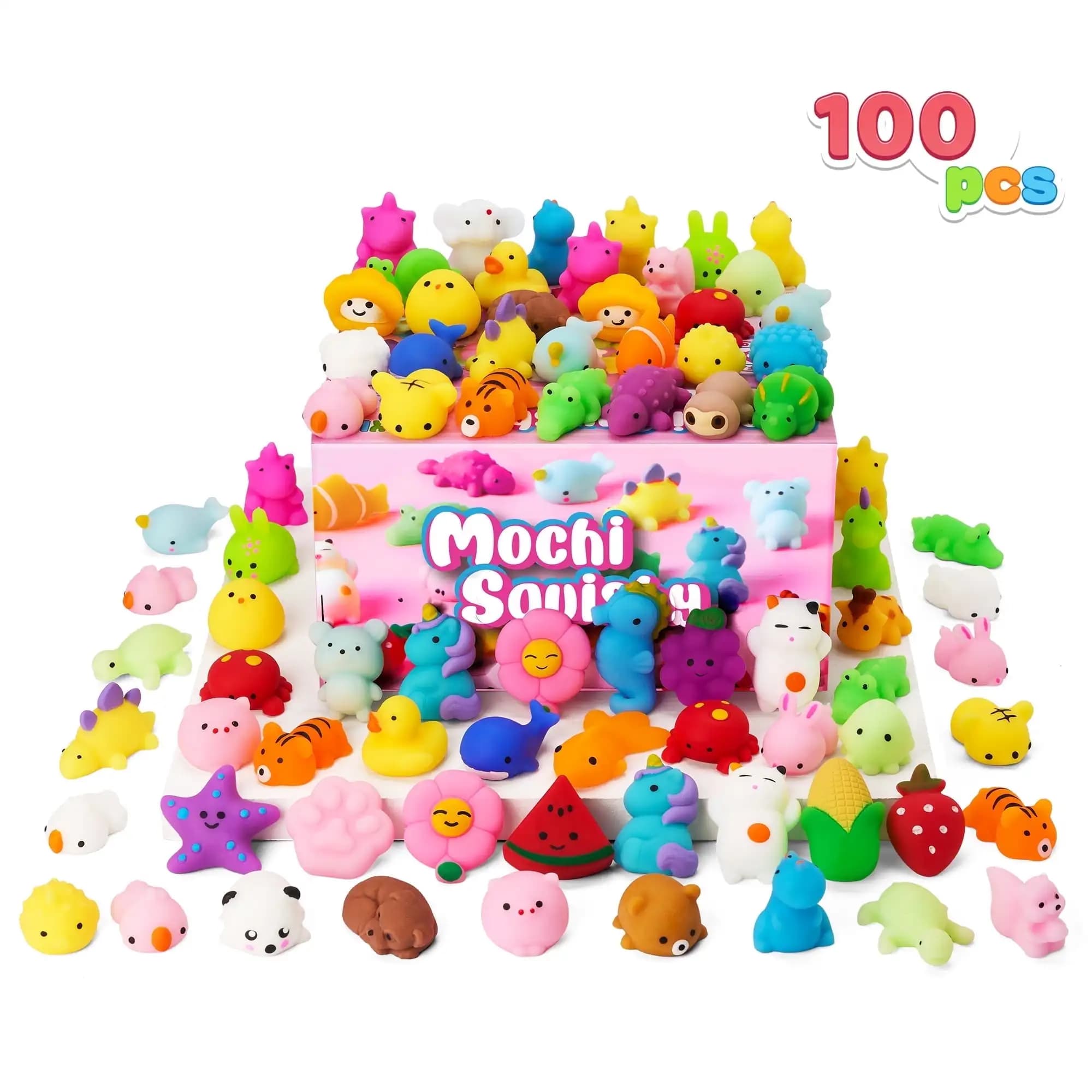 Joyfy 100 Pezzi Mini Squishies a Forma di Animali e Frutta per Bambini, Giocattoli Antistress, Regali di Compleanno