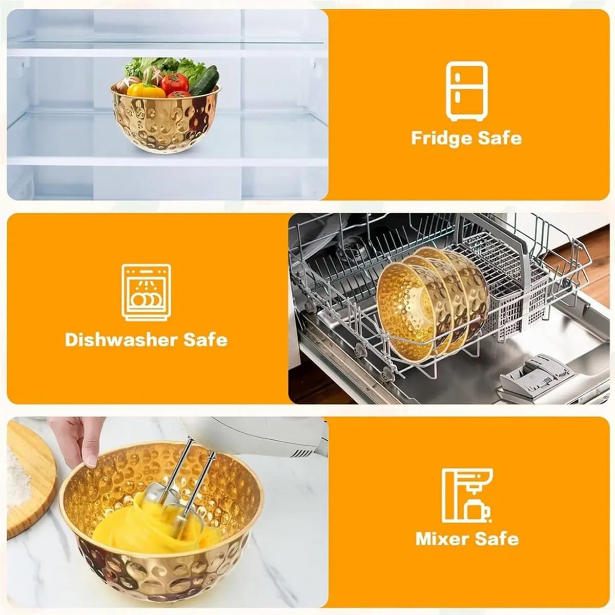 PROFESSIONAL USE 5 Pcs Stainless Steel Mixing Bowls Set, Metal Hammered Gold Bowls for Kitchen, Cooking,Baking, Salad1.6-4.9 QT