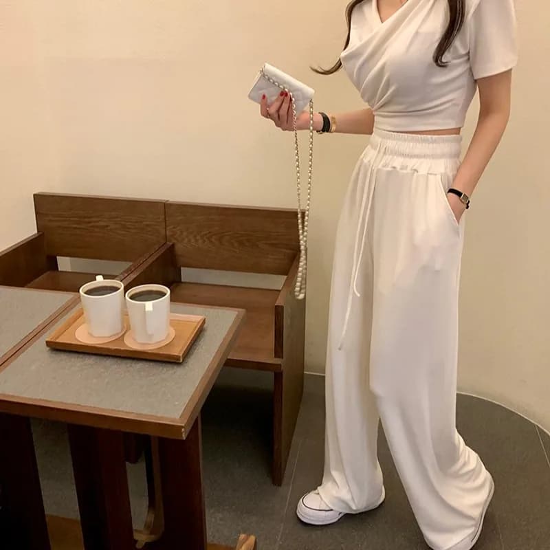 Summer 2026 New Pure Color Pleated V-neck T-shirt High Waist Casual Pants Set Women's Fashion Two-piece Suit Short Sleeve