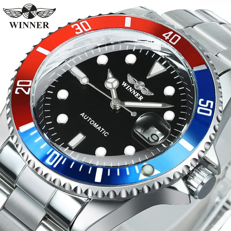 WINNER Orologio meccanico classico da uomo Lunetta girevole Calendario luminoso Orologi automatici da lavoro di moda Cinturino in acciaio inossidabile