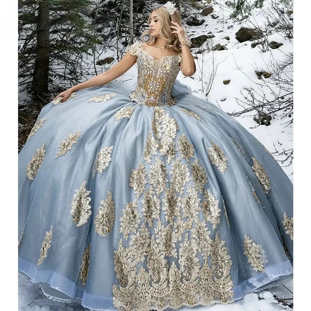 Cristalli Charro Abiti Quinceanera Abito da ballo con spalle scoperte Appliques Puffy Abiti messicani dolci 16 15 Anos personalizzati