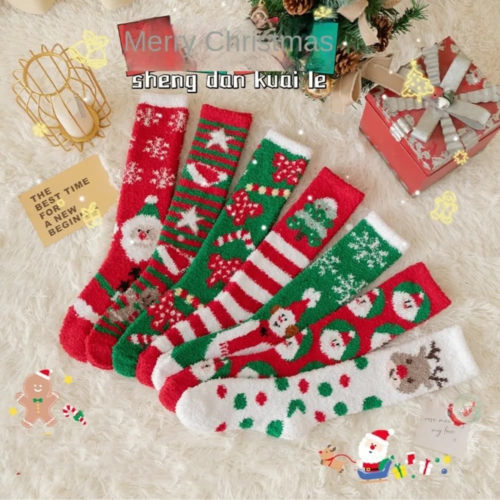 Winter Warm Cartoon Christmas Socks Soft Fluffy Socks Bed Socks Elk Santa Claus Coral Fleece Socks For Women
