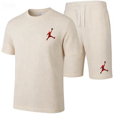 Completo da uomo Jordan Jumpman Logo in 2 pezzi, t-shirt in maglia waffle + pantaloncini, tuta sportiva casual estiva, streetwear bianco per uomo