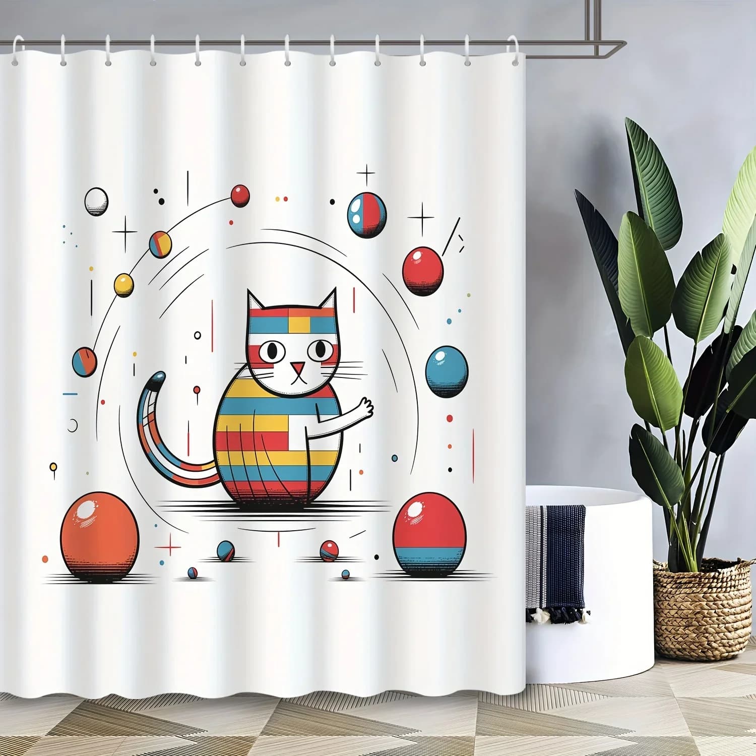 Tenda da doccia con gatto geometrico astratto: linea colorata e design a sfera, divertente arredamento da bagno per hotel e uso domestico