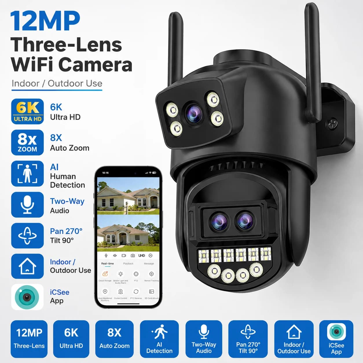 6K Security Wifi Camera 12MPThree Lens PTZ 8X Optical Zoom Dual Screens Video Surveillance 8MP Dual Lens CCTV Outdoor IP Camera