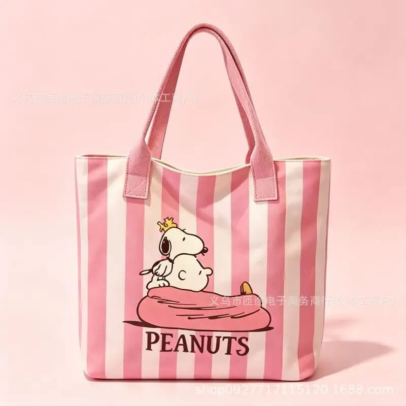 Snoopy Striped Canvas Tote Bag Cartoon Printed Single Shoulder Handbag Large Capacity Reusable Shopping Bag Storage Bag