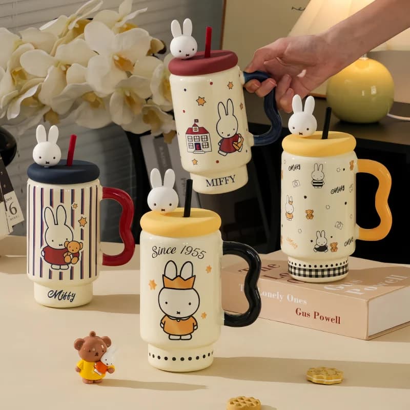 Kawaii Miffy Ceramic Straw Cup 660ML Large Capacity Cartoon Creative Mug with Lid Couple Water Cup High Appearance Holiday Gift