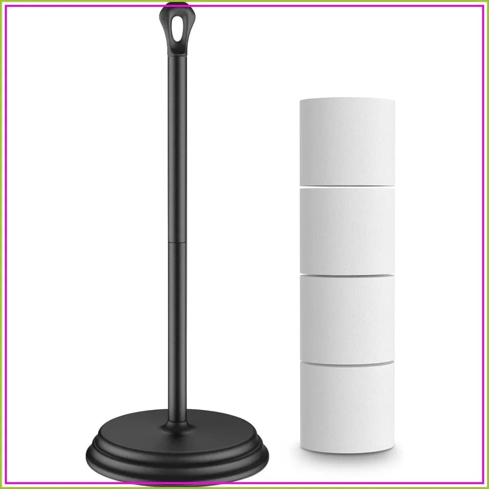 Free Standing Toilet Paper Holder with Storage, Rustproof Metal Tissue Roll Stand for Bathroom, Space Saving, Easy Setup, Black