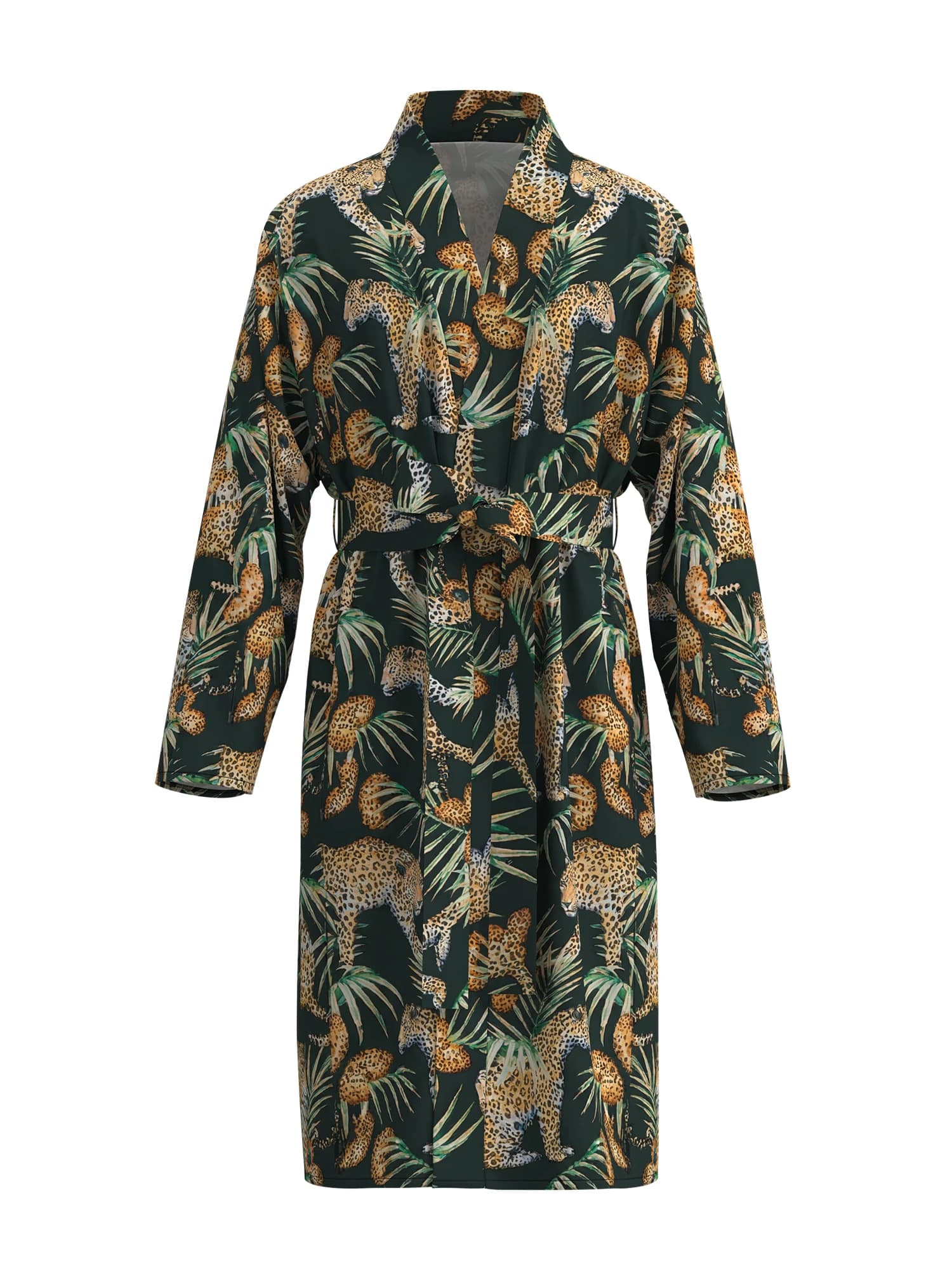 Men's Jungle Leopard Print Kimono Bathrobe, Exotic Tropical Pattern Long Sleeve Loungewear, Casual Homewear & Spa Robe