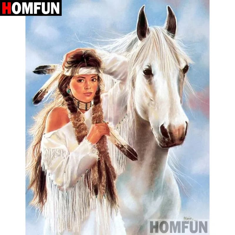 HOMFUN 5D Pittura Diamante DIY Pieno Quadrato/Rotondo Trapano "Cavallo Indiano" Ricamo Punto Croce regalo Complementi Arredo Casa Regalo A09208