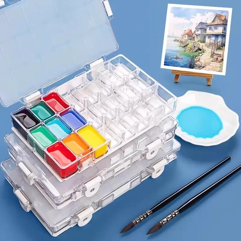 Airtight Watercolor Paint Box 24 Grids, Leak-Proof Moisturizing Pigment Palette, Stay Wet Case for Gouache Acrylic, Art Supplies