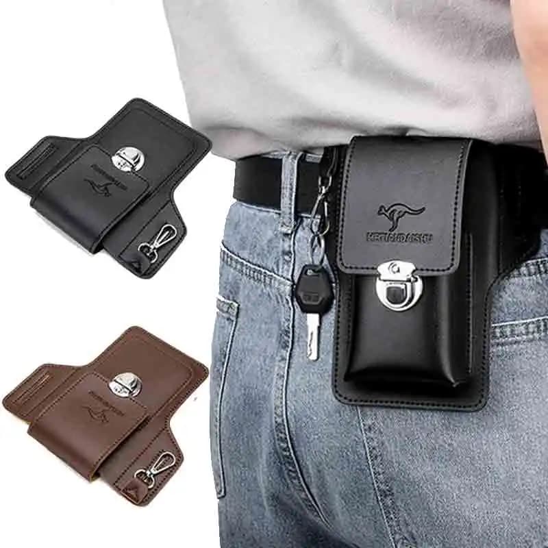 Men's Ring Blossom Belt Waist Waist Belt PU Leather Bag Wallet for Phone Vintage Sheath Protective Cell Phone