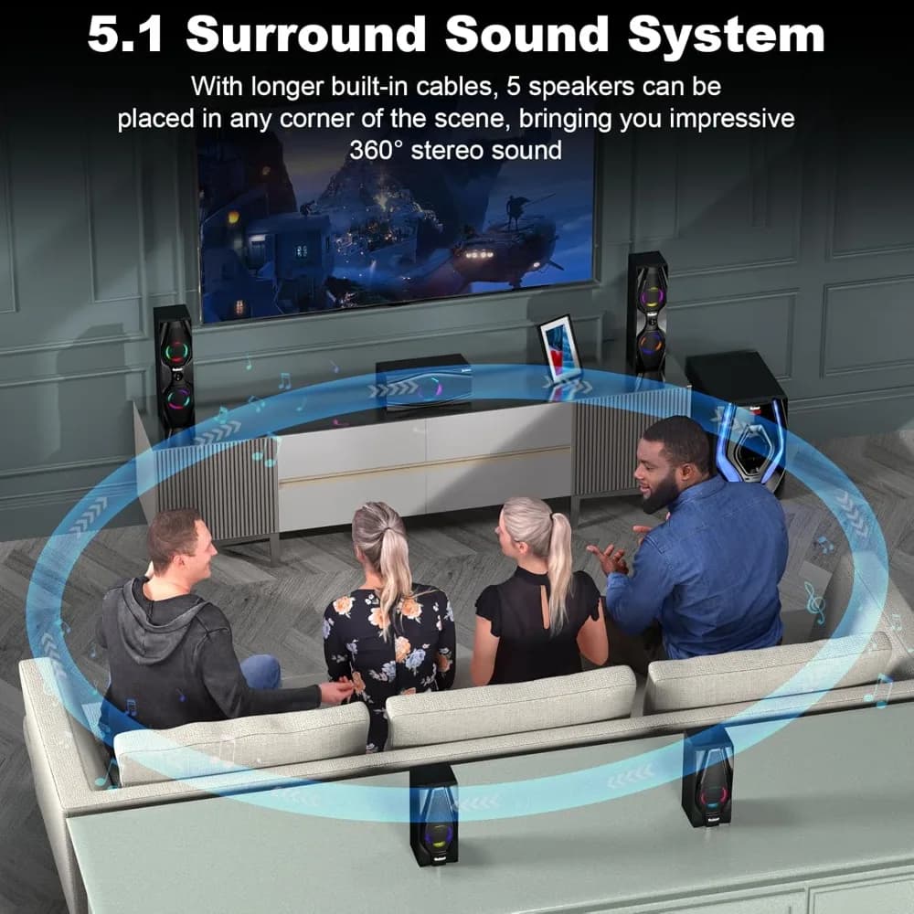 Sistema Home Theater con altoparlanti surround, subwoofer da 10 pollici da 1200W, audio stereo a 5.1/2.1 canali con Bluetooth, Optical e ARC
