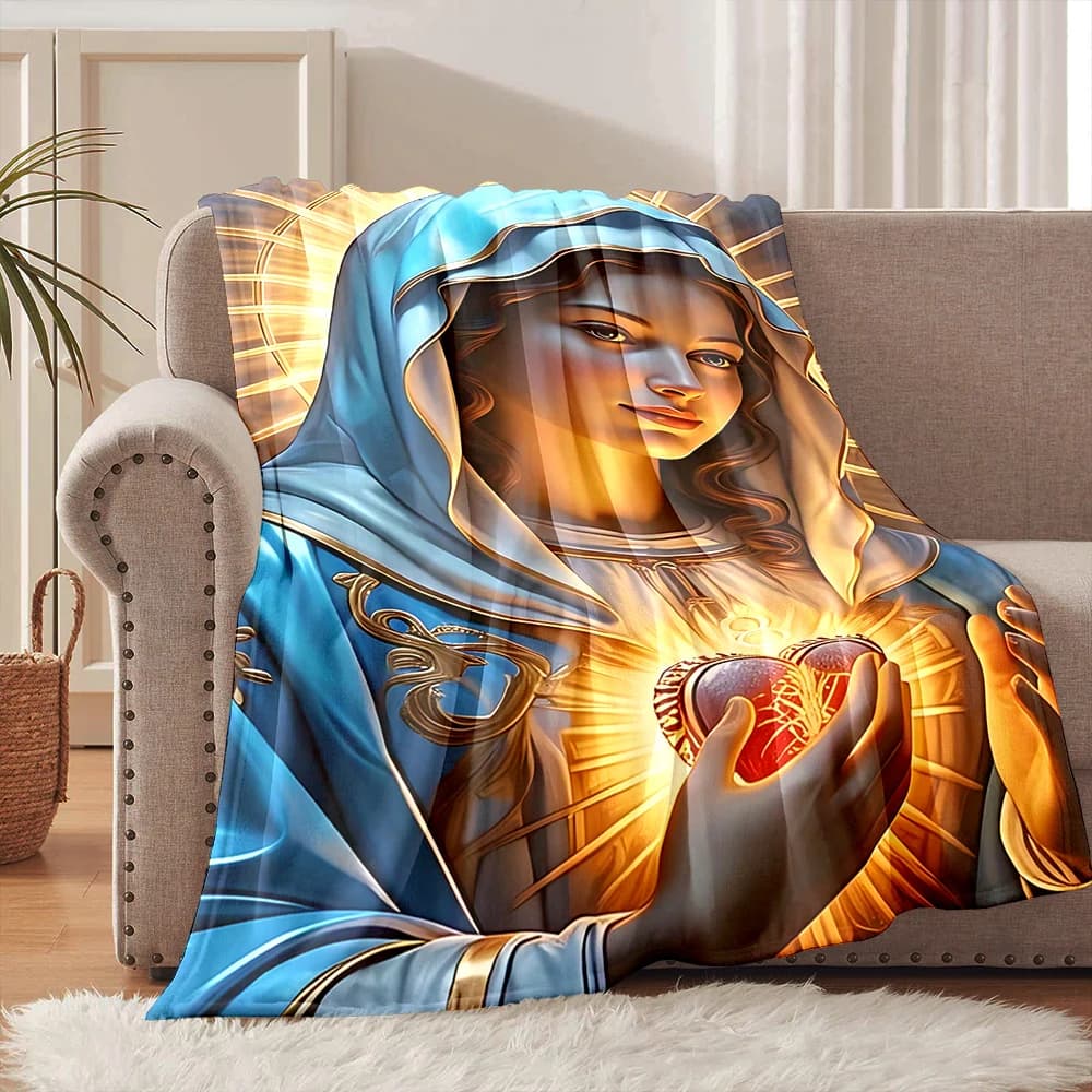 1PC Coperta in flanella con stampa Faith, motivo Cuore Radiante Blu, morbida e calda, adatta per casa, viaggi, picnic, campeggio e uso in camper.