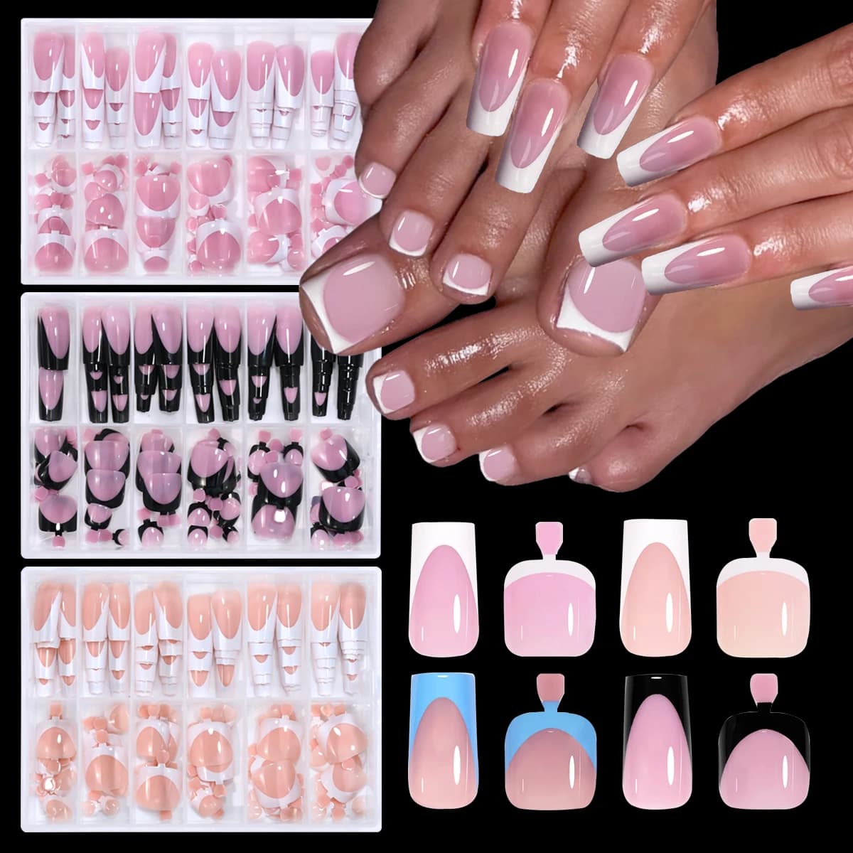 144 pieces french black pink hands and feet wearing set of short square nails print on acrylic cover complete convenient nail art