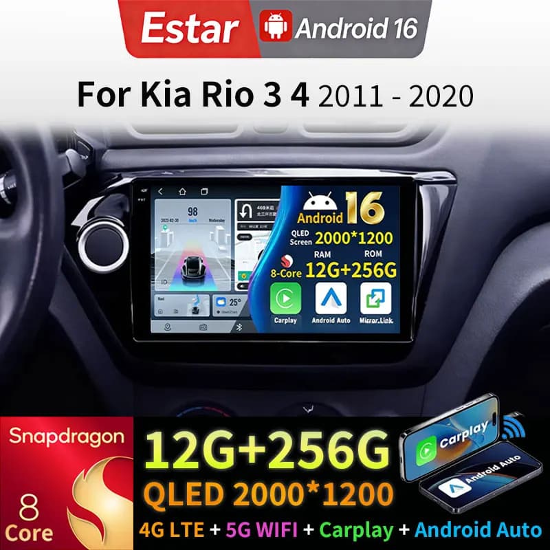 Autoradio Android 16 con Carplay per Kia Rio 3 4 2011 - 2020, Carplay Wireless, Android Auto, 4G+5G WIFI, Navigazione QLED 2K, Telecamera 360°