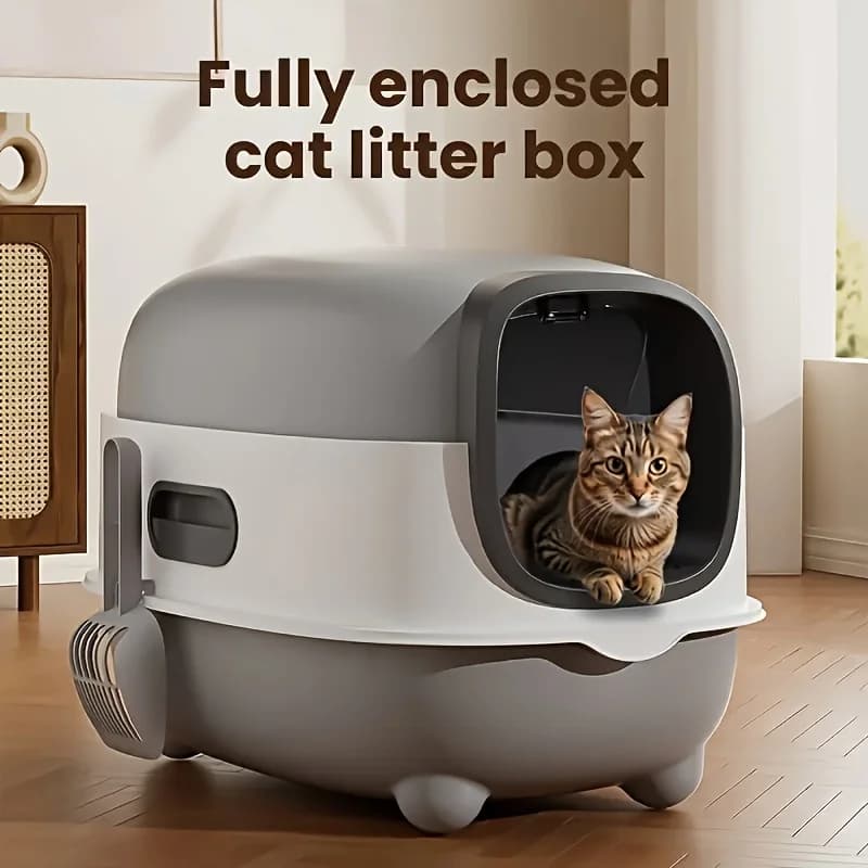 A spacious, fully enclosed cat litter box that prevents spillage, is easy to store and install, can hold cat litter