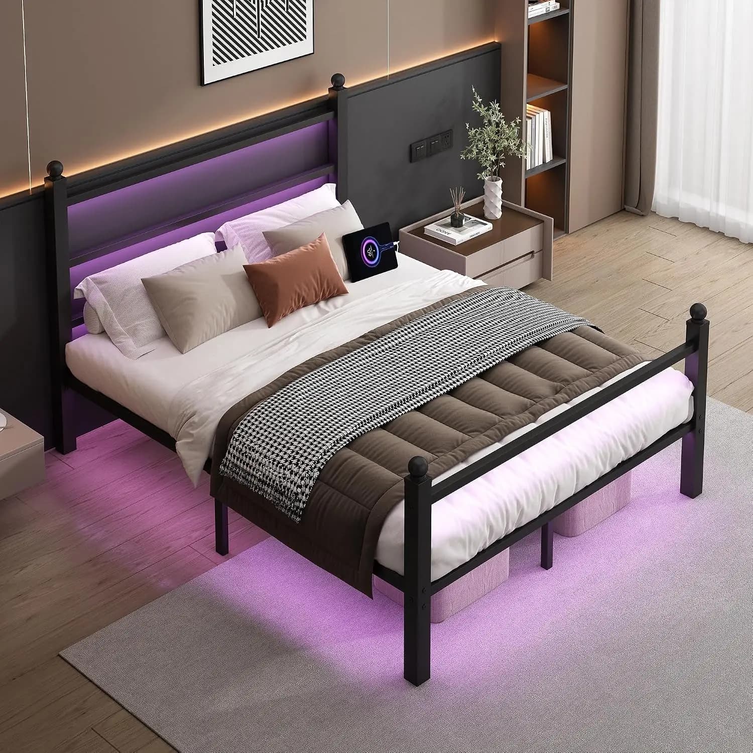Full Size Bed Frame with Headboard & Footboard, Steel Slat Support, Integrated LED Lighting & Charging Station, Under-Bed Storage, Mattress Foundation, No Box Spring Required, Noise-Free, Black