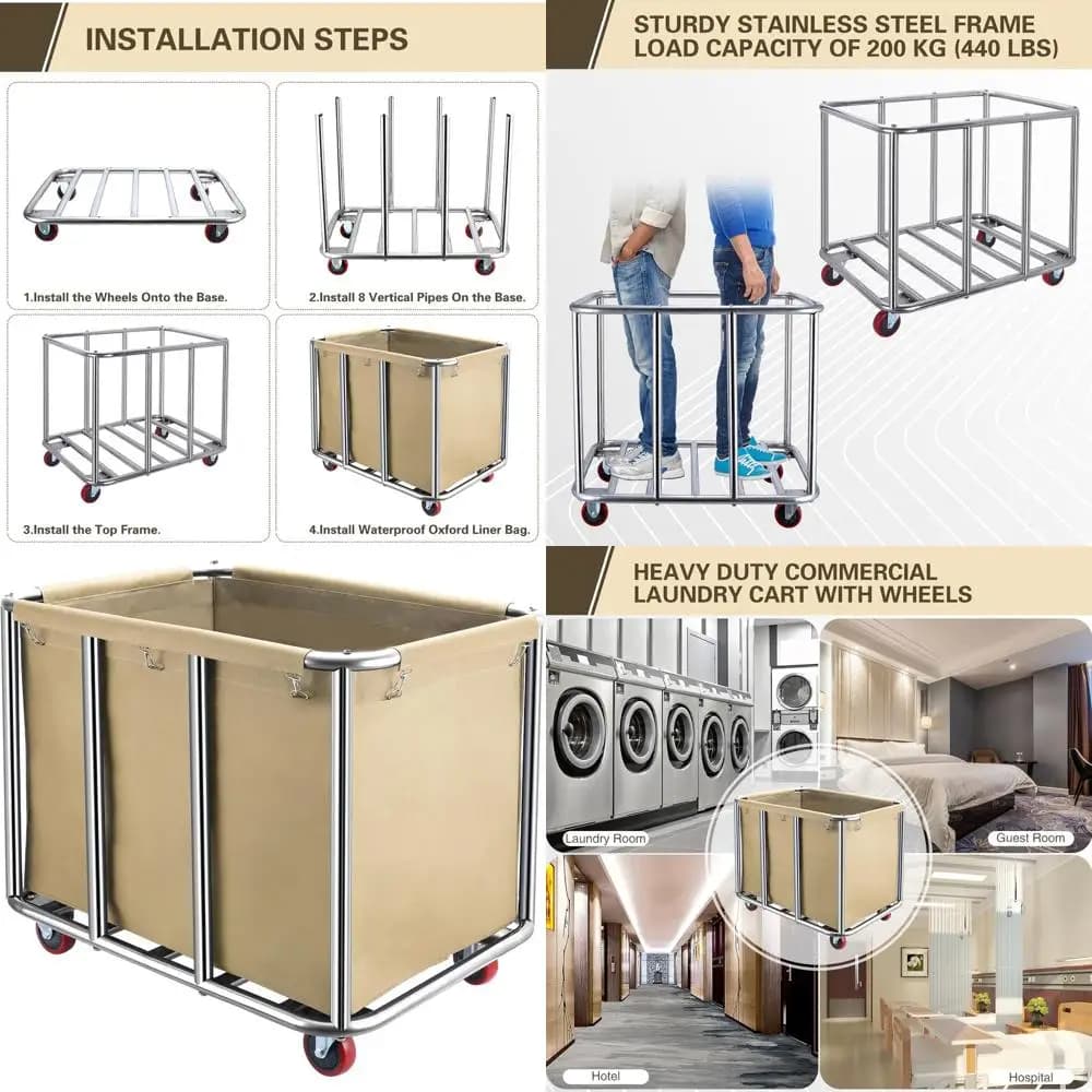 Carrello per Lavanderia Industriale Grande da 400L con Robusto Acciaio Inossidabile e Borsa Beige per Uso Domestico, Alberghiero, Ospedaliero