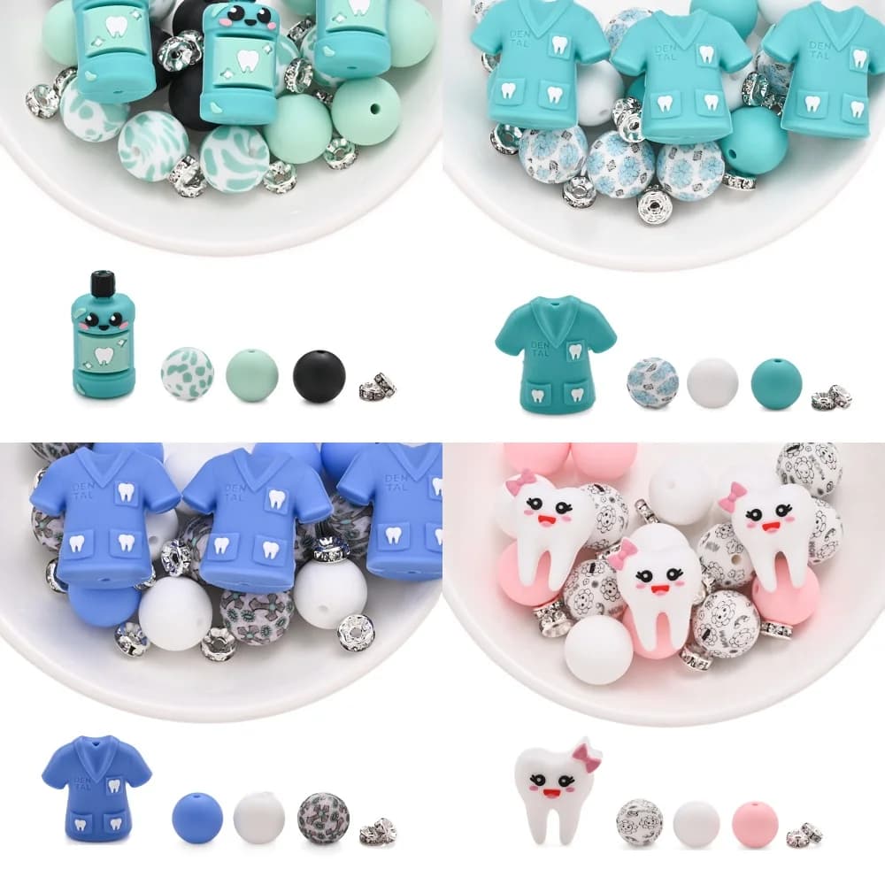 15/75 Pezzi Perline in Silicone a Tema Dentale, Perline Rotonde Stampate da 15mm per Creazione Fai-da-Te di Catenelle per Ciucci e Accessori per Gioielli