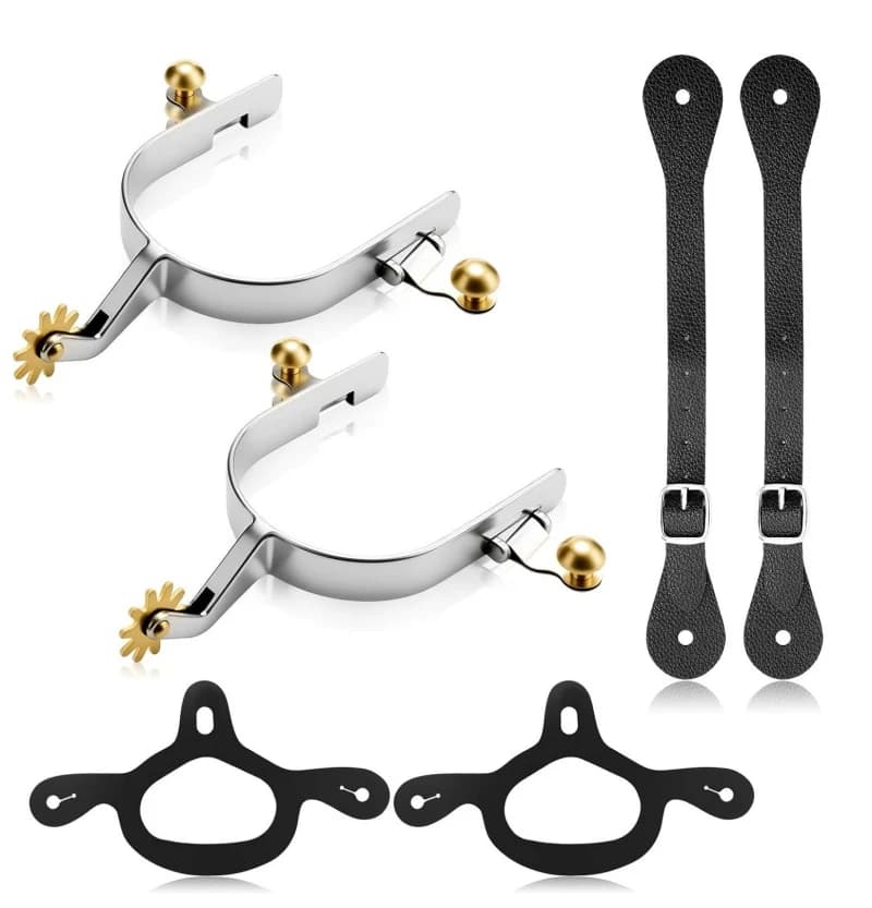 2 Pack Spurs for Cowboy Boots Men with Leather Belt and Tie Down Straps Stainless Steel Horse Spurs Equestrian Riding Accessorie