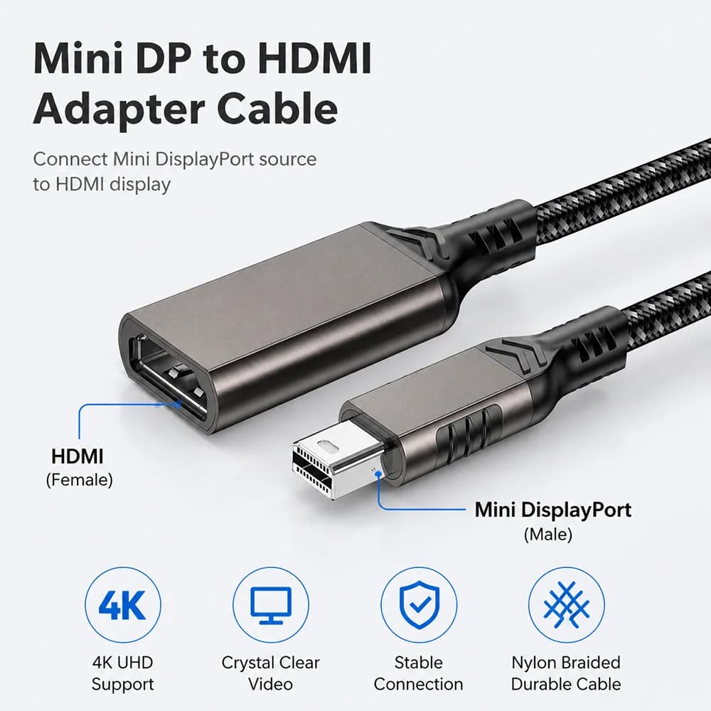 Cavo Adattatore UGOjP Intrecciato 4K Mini DisplayPort a HDMI, Convertitore Video da Mini DP Maschio a HDMI Femmina per Laptop e PC a HDTV