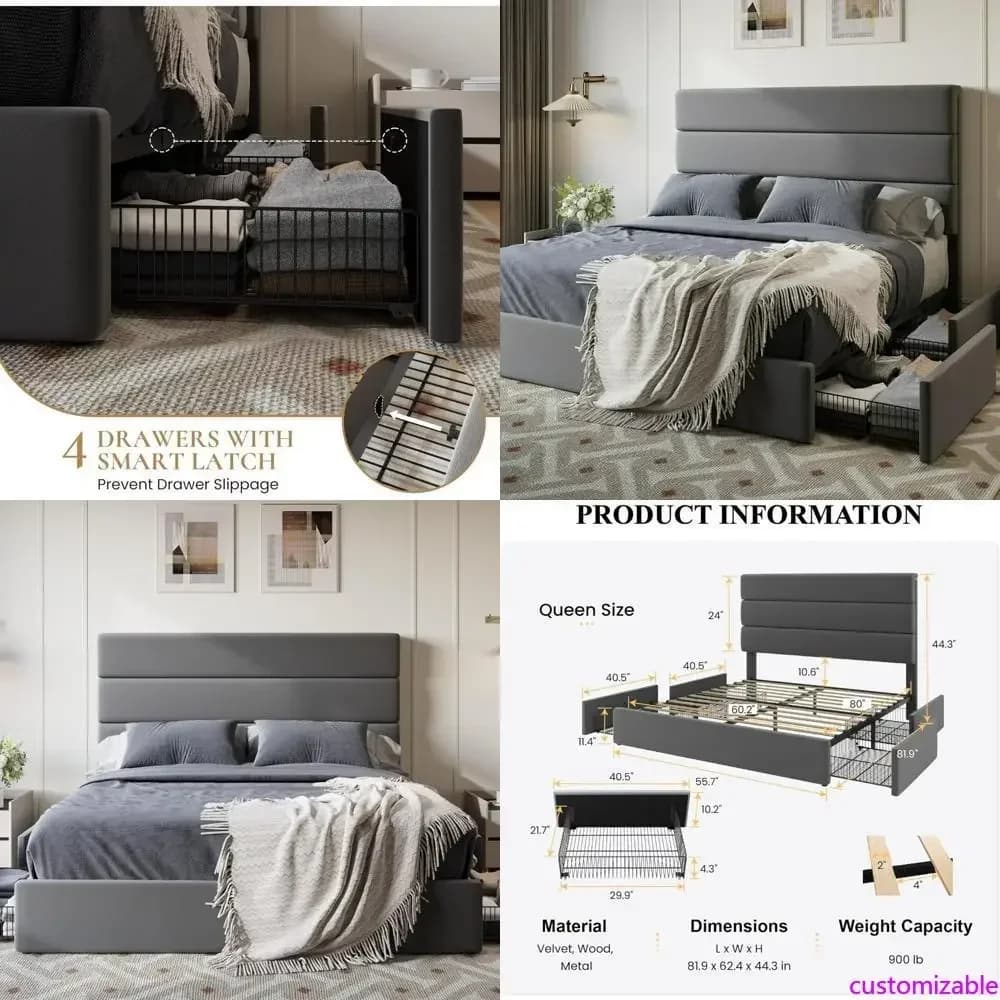 Luxury double bed very sold with velvet headboard and container drawers, mattress base with wooden slats.
