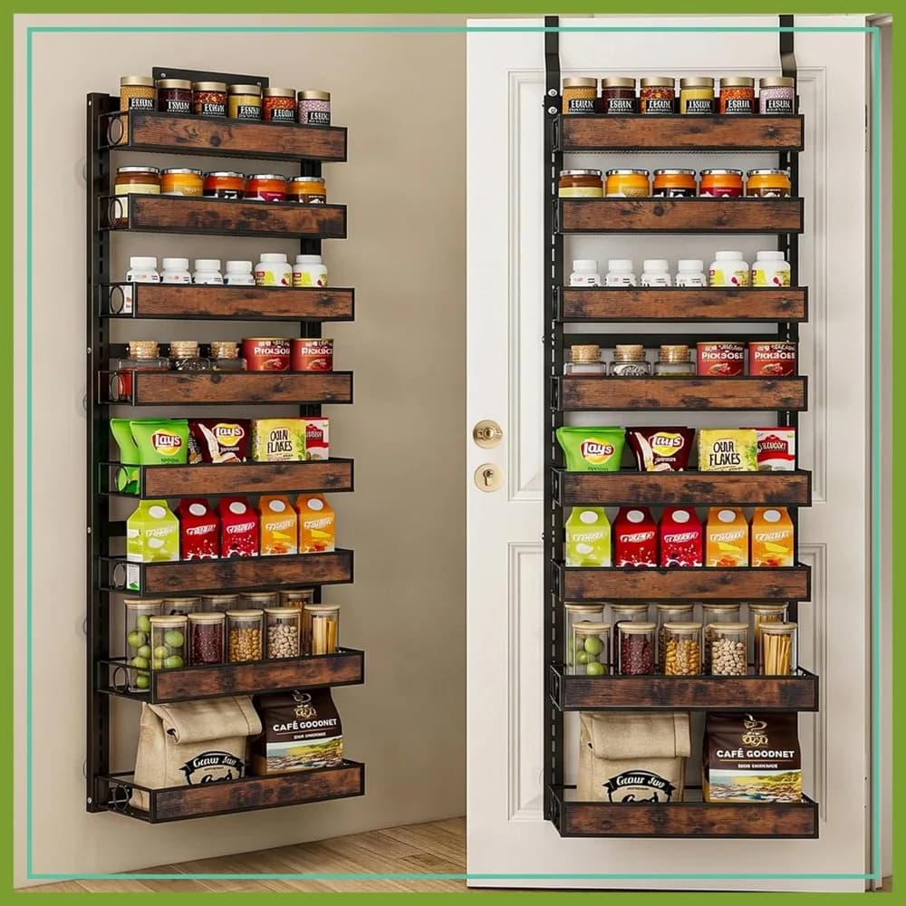 Organizzatore da appendere alla porta a 8 livelli, scaffale porta spezie 2 in 1 da parete o da appendere con cestello in legno regolabile, scaffale porta condimenti resistente per dispensa e bagno