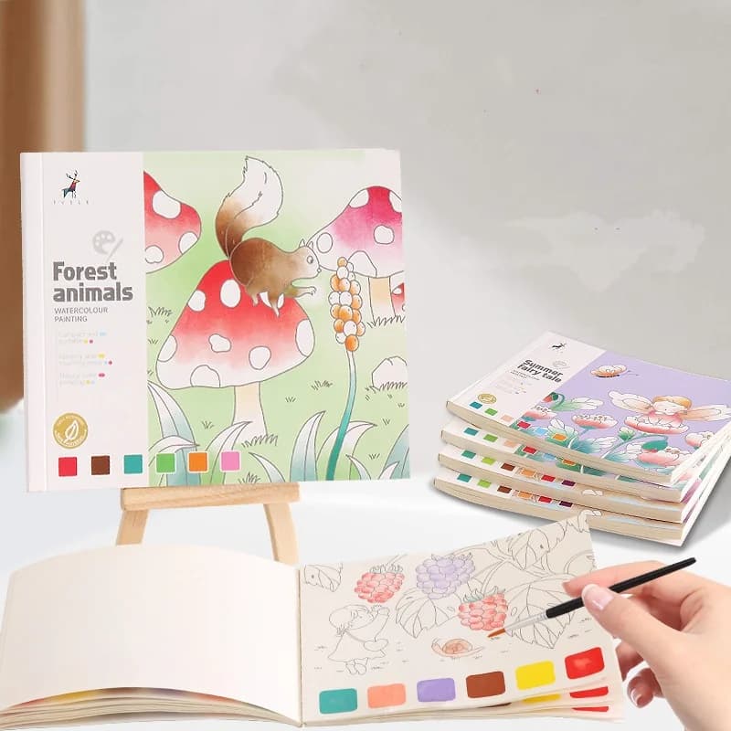 Creative Watercolor Coloring Book for Kids - Gouache Doodle Sketch Pad with Built-in Paints, Cartoon Notes & Watercolor Paper