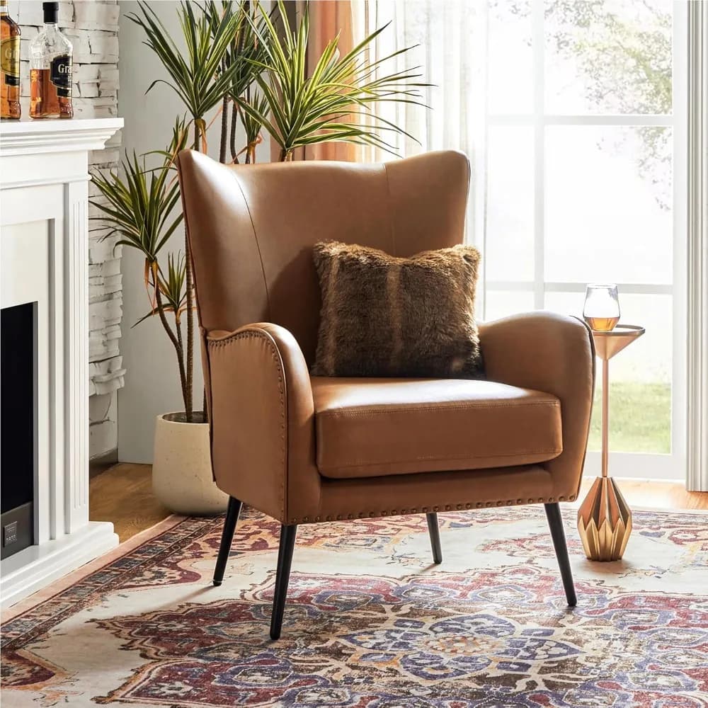HULALA Home Sedia con accento in ecopelle con cuscino rimovibile, comoda poltrona imbottita con gambe in metallo nero e ala con rivestimento della testa di chiodo