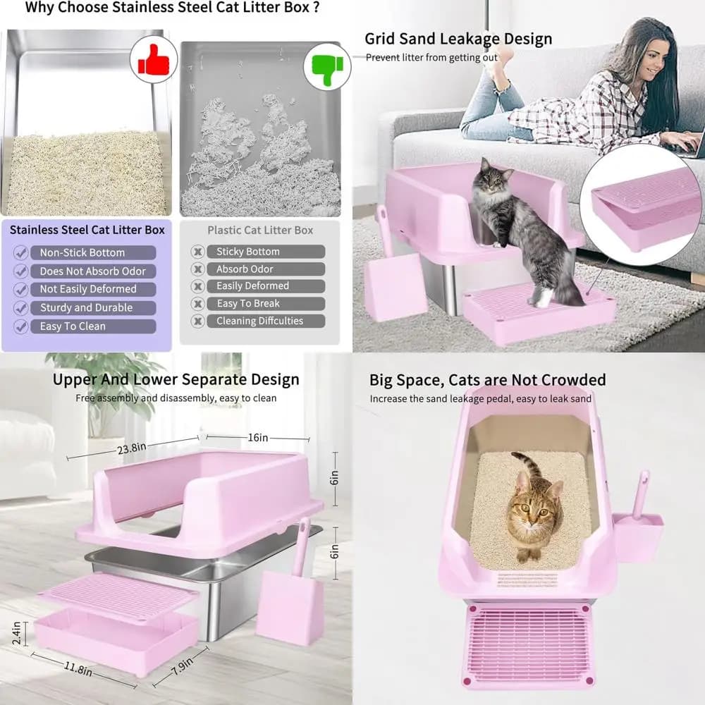 Lettiera per gatti in acciaio con bordi alti e rivestimento antiaderente, facile da pulire, adatta a gatti fino a 9 kg (20 libbre)