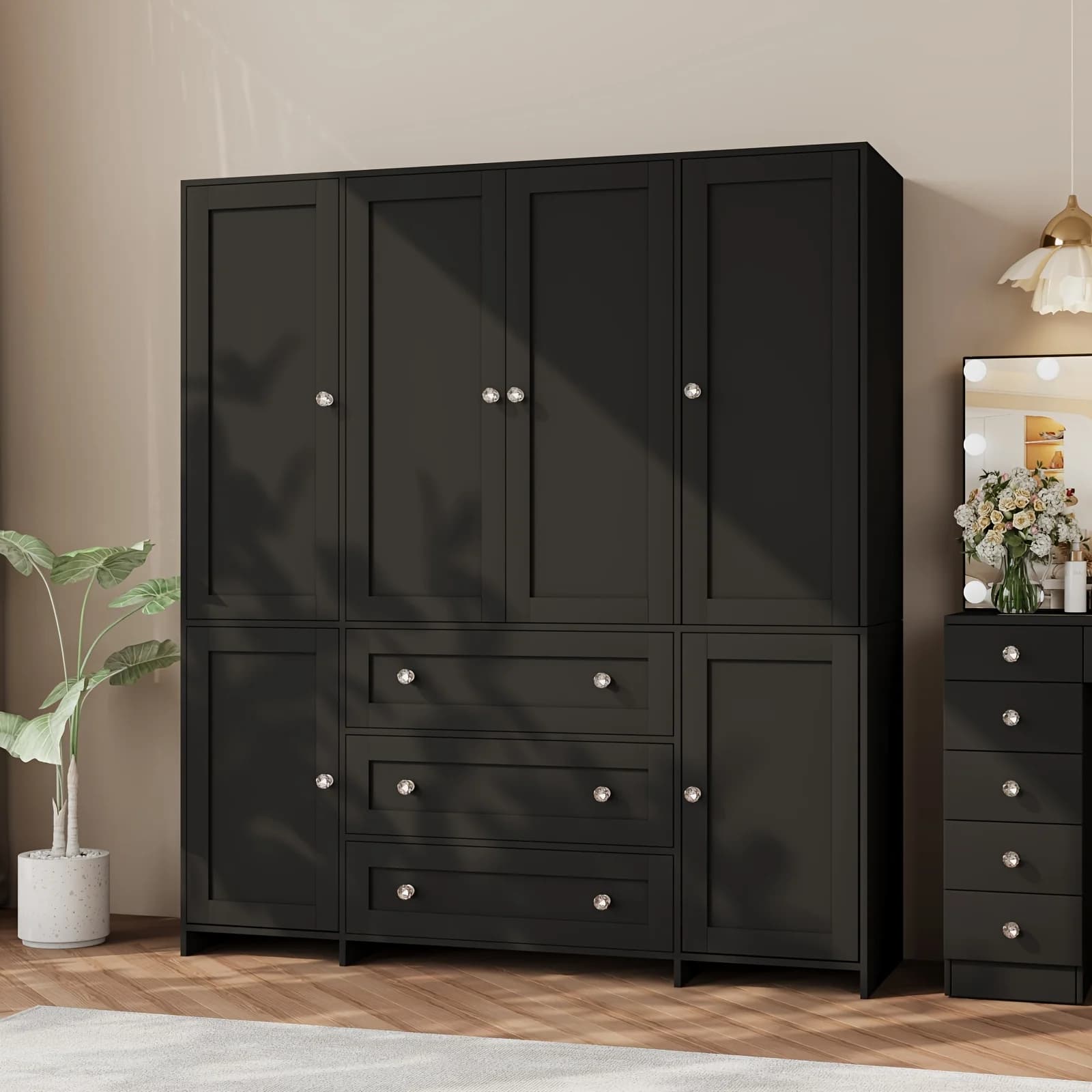 Armadio Grande da 47/63 Pollici con Asta Appendiabiti, Specchio e 6 Ante, 3 Cassetti e 5 Ripiani, per Camera da Letto