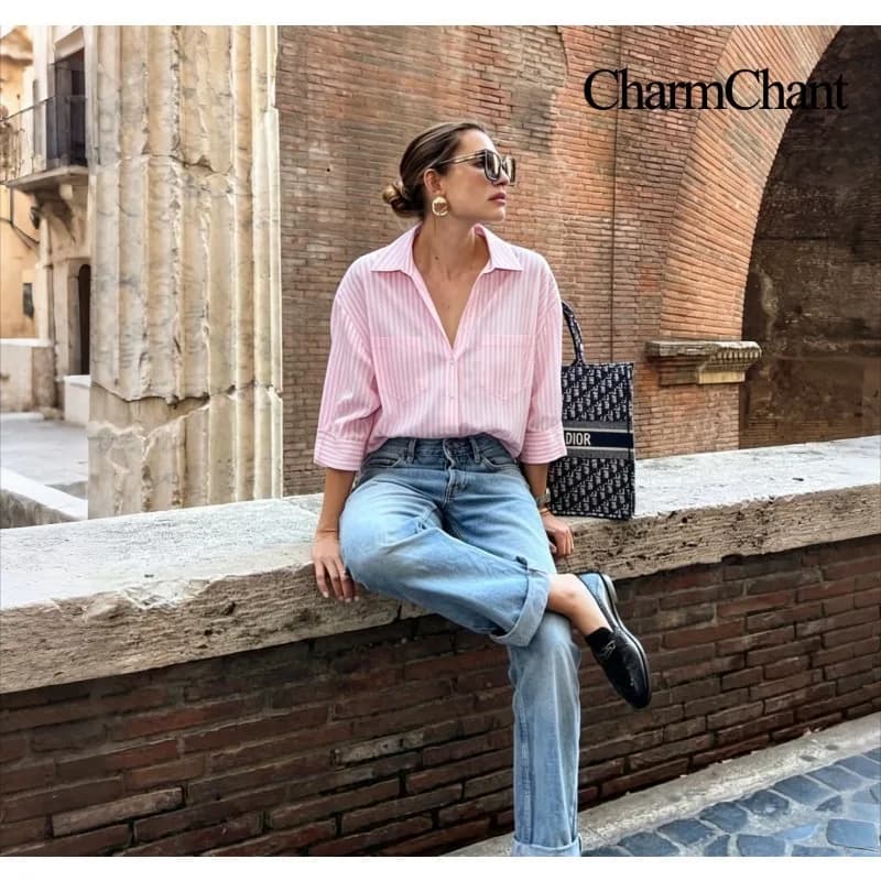 CHARMCHANT Camicia Oversize da Donna in Cotone a Righe con Colletto a Risvolto, Blusa a Maniche 3/4, Elegante Casual Estiva per Ufficio e Uso Quotidiano 2026