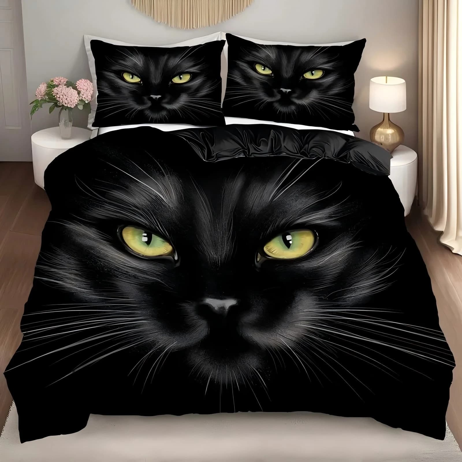 Set di biancheria da letto stampato in 3D per alunni di gatto nero cartone animato Copripiumino di lusso in stile animale carino Copripiumino in poliestere morbido e confortevole per la casa