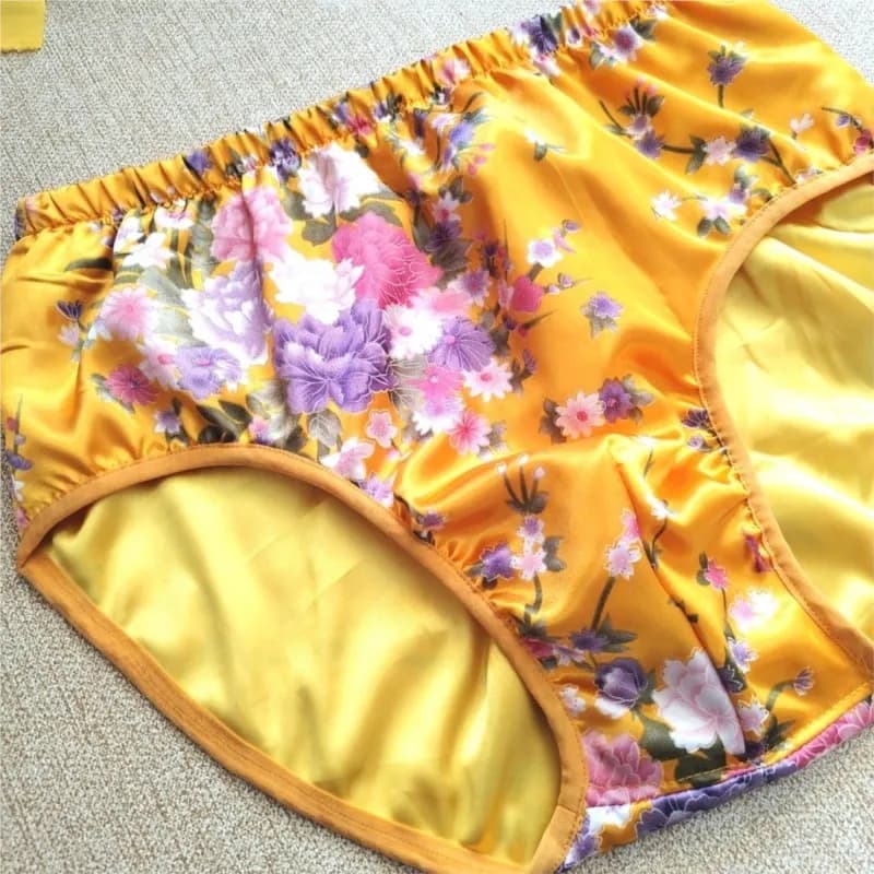 Men Underwears Glossy Yellow Floral Print Briefs Sexy Satin Panties Plus Size Lingeries Bottoms