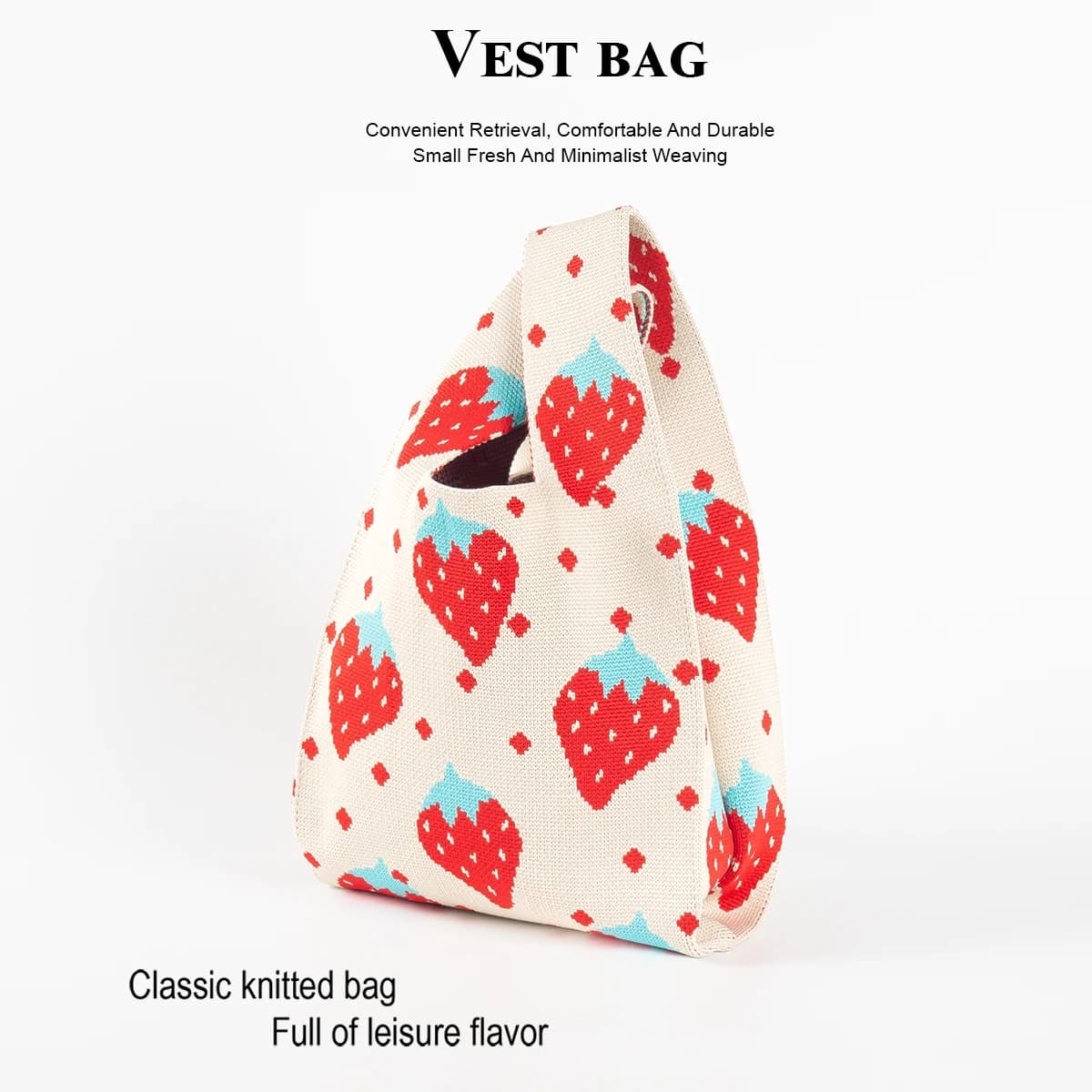 Borsa in maglia traspirante a pois fragola naturale e fresca, tessuto leggero pieghevole, trasporta il libro per bottiglie d'acqua per cosmetici per il tuo telefono cellulare, alla moda, casual e versatile,golaregolare