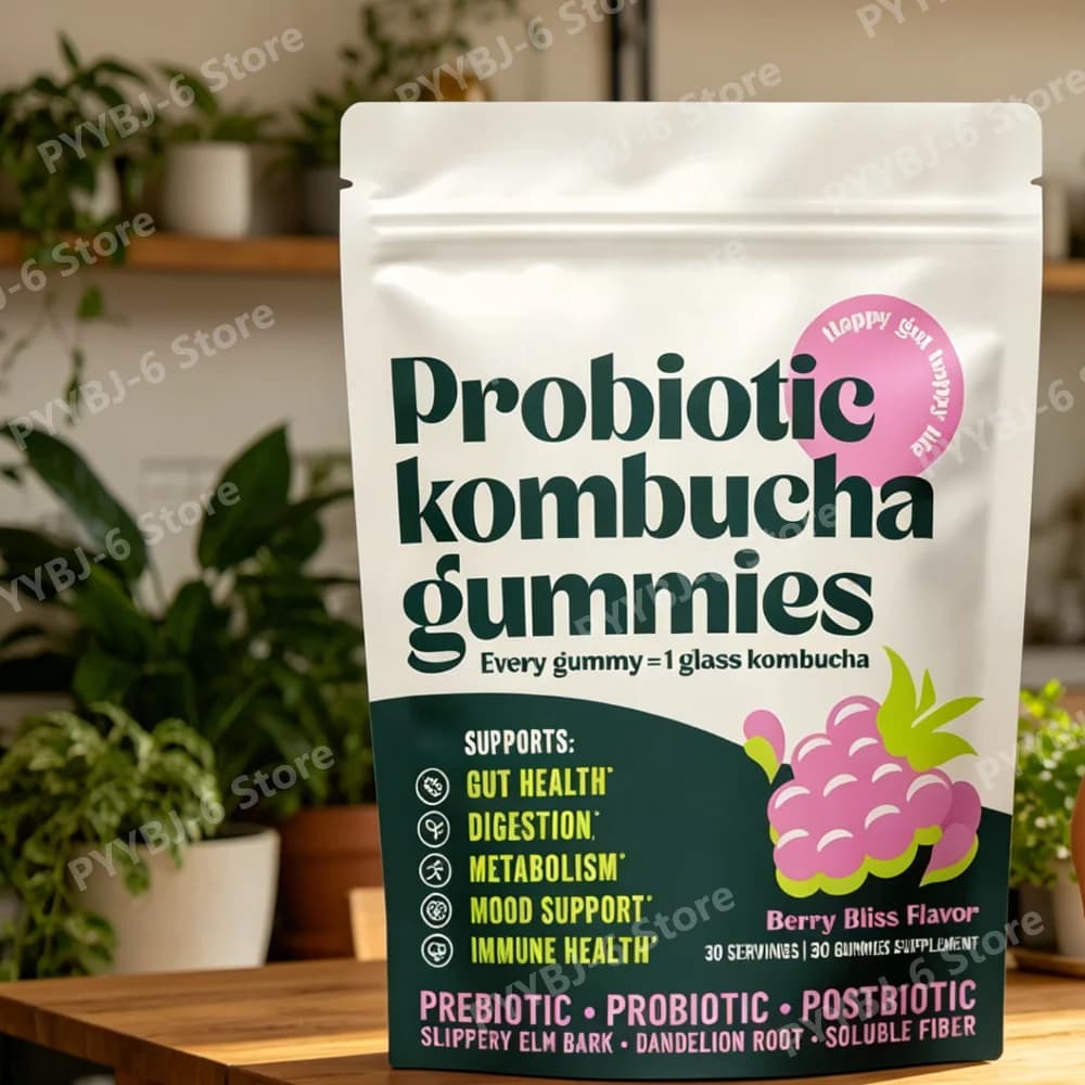 Gommose Probiotiche al Kombucha, Integratore di Fibre Prebiotiche e Postbiotiche, con Olmo Rosso e Radice di Tarassaco, 30 Gommose per il Supporto Digestivo