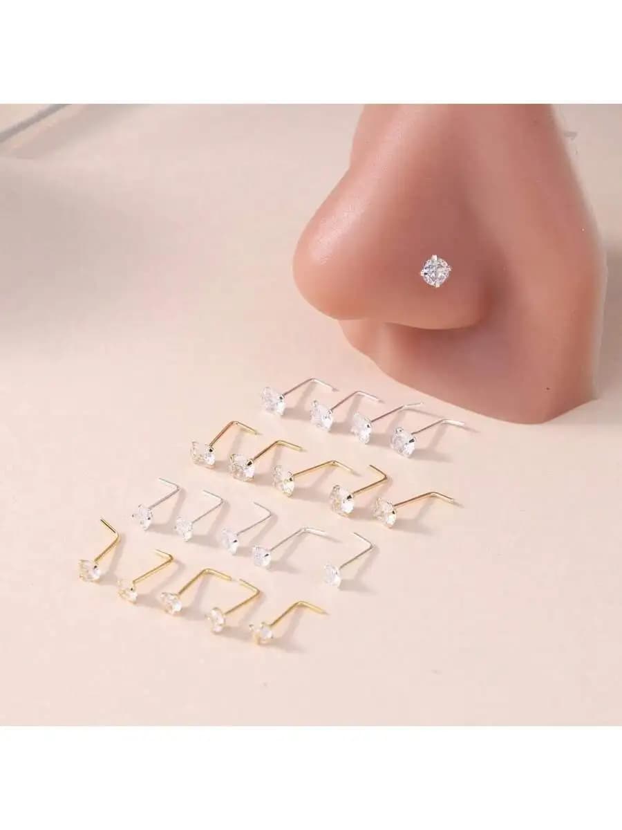 Set di 5 Piercing per Naso a Forma di L in Zirconia Trasparente da 3mm e 4mm, Gioielli Unisex