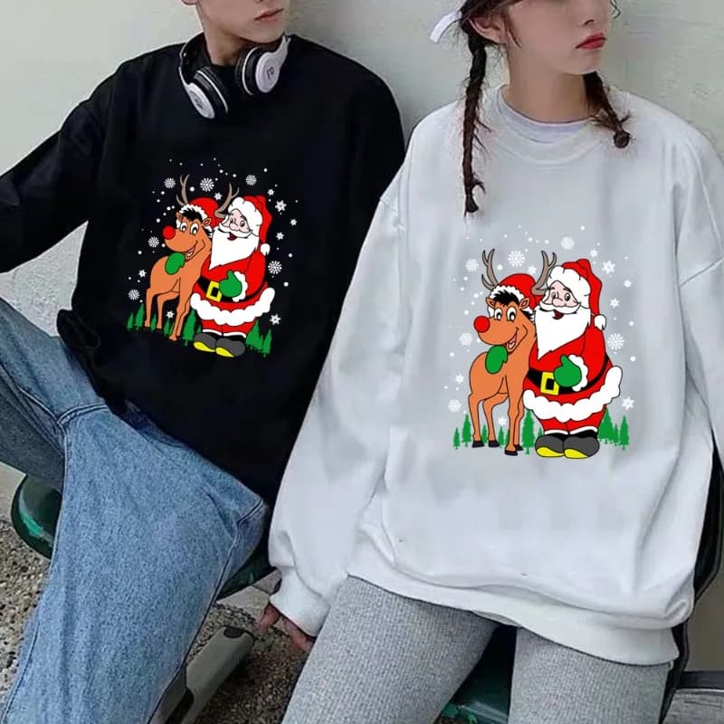 New Santa Claus Reindeer Print Round-neck Fleece Pullover Hoodies for Both Men and Women Are Available for Christmas