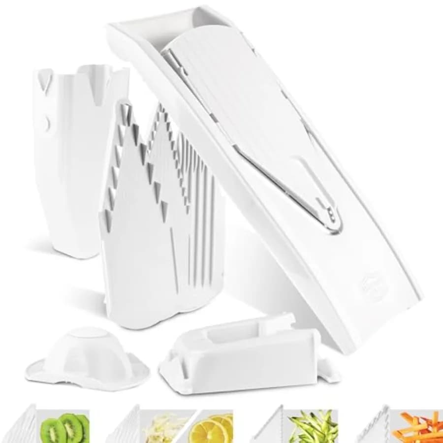 Set Professionale Affettatrice Mandolina V1 • Affettatrice a V con 4 Inserti, Supporto per Frutta e Scatola di Stoccaggio • Affettatrice per Verdure Regolabile