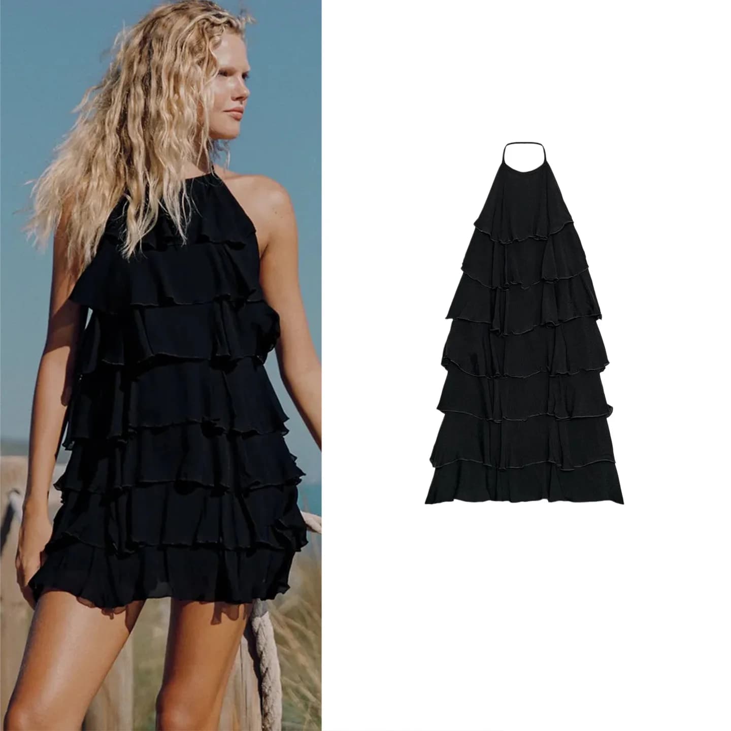 Summer New Knot Belted Backless Layered Decoration Collar Short Dress Casual Style Polyester Fabric Sleeveless Cake...