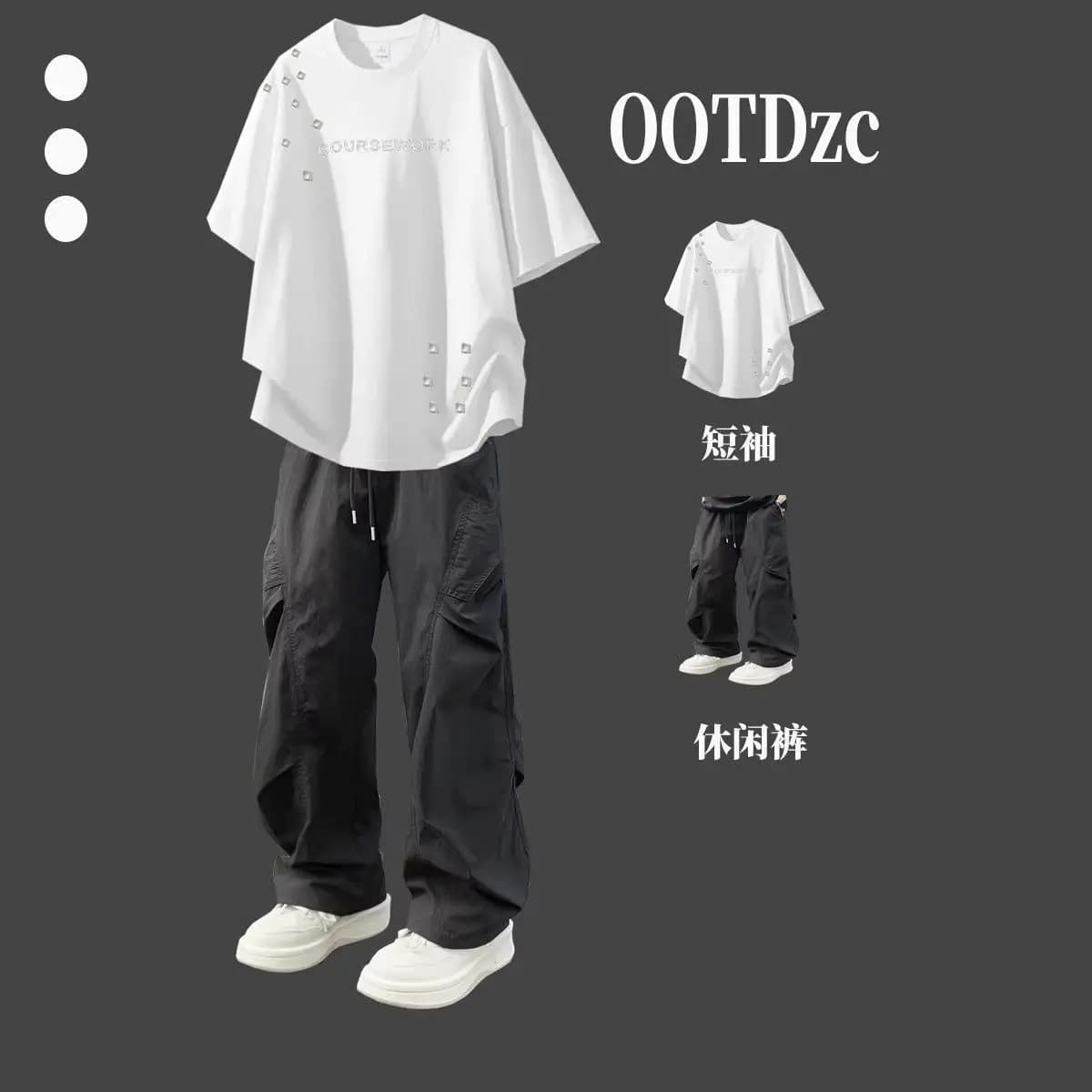 Fashion 2026 Trendy Shoulder Pads Short Sleeves Summer Casual Suit Boys Cool Handsome High Street Dark T-shirt Two-piece Set