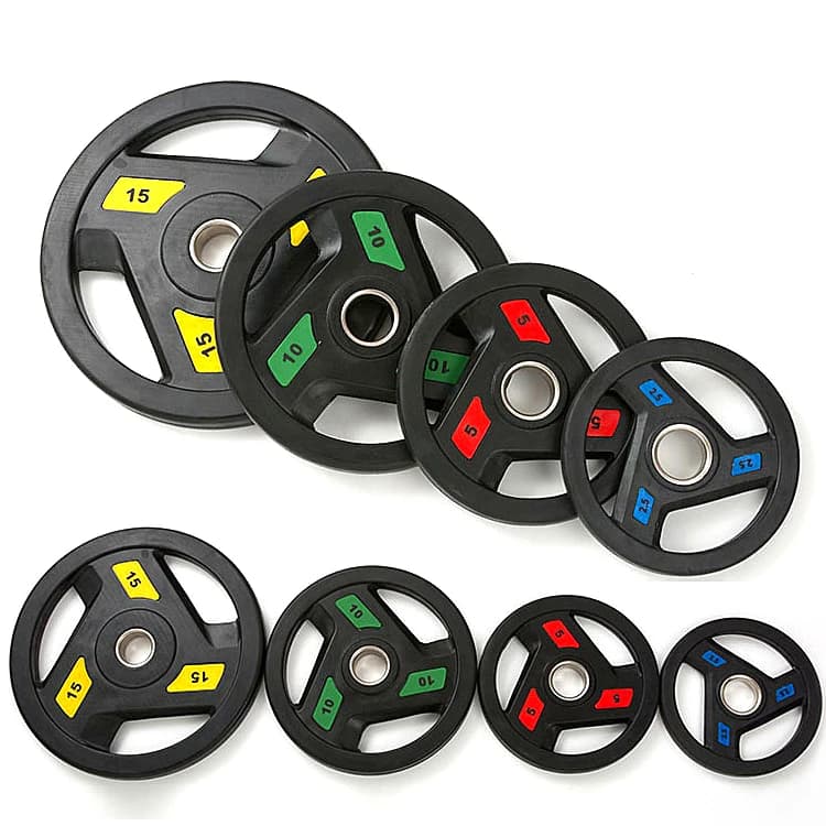 Custom Resistance Gym Equipment Barbell Disks 3 Handles Tri Grip 3 Holes Rubber Weight Plate