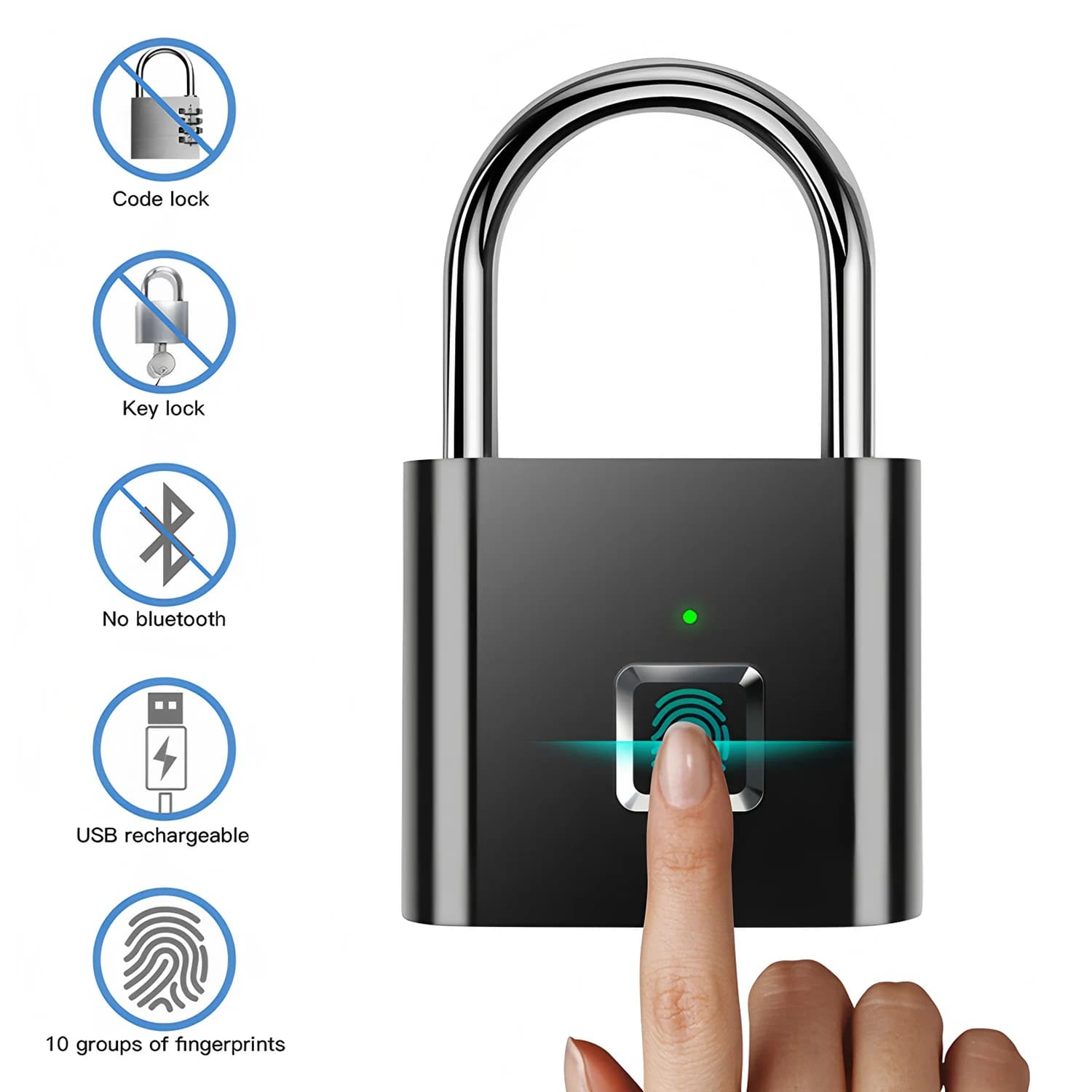Lucchetto Intelligente con Impronta Digitale, Ricarica USB, Impermeabile, Sblocco in 0,2 Secondi, Portatile, Antifurto, in Zinco
