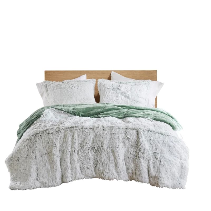 2 PCS Twin/Twin XL Shaggy Faux Fur Comforter Mini Set Green/White(1 Comforter + 1 Standard Sham)